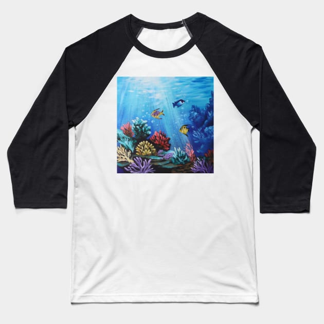 Blue Underwater Under the Sea Coral Reef Aquarium Saltwater Fish Baseball T-Shirt by Tina